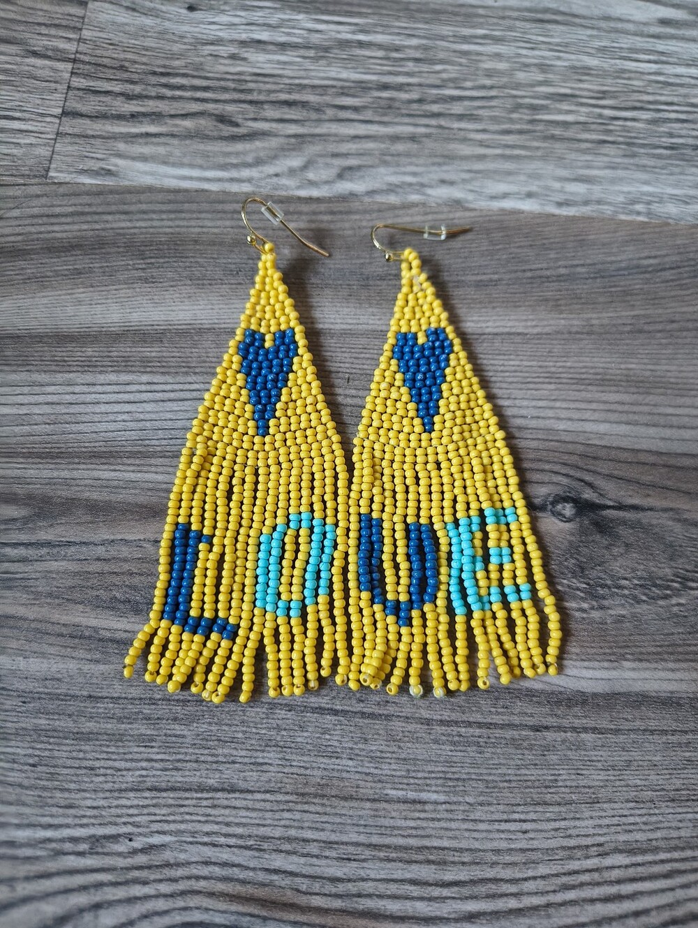 Handmade Yellow Beaded 'LOVE' Fringe Earrings with Blue Hearts